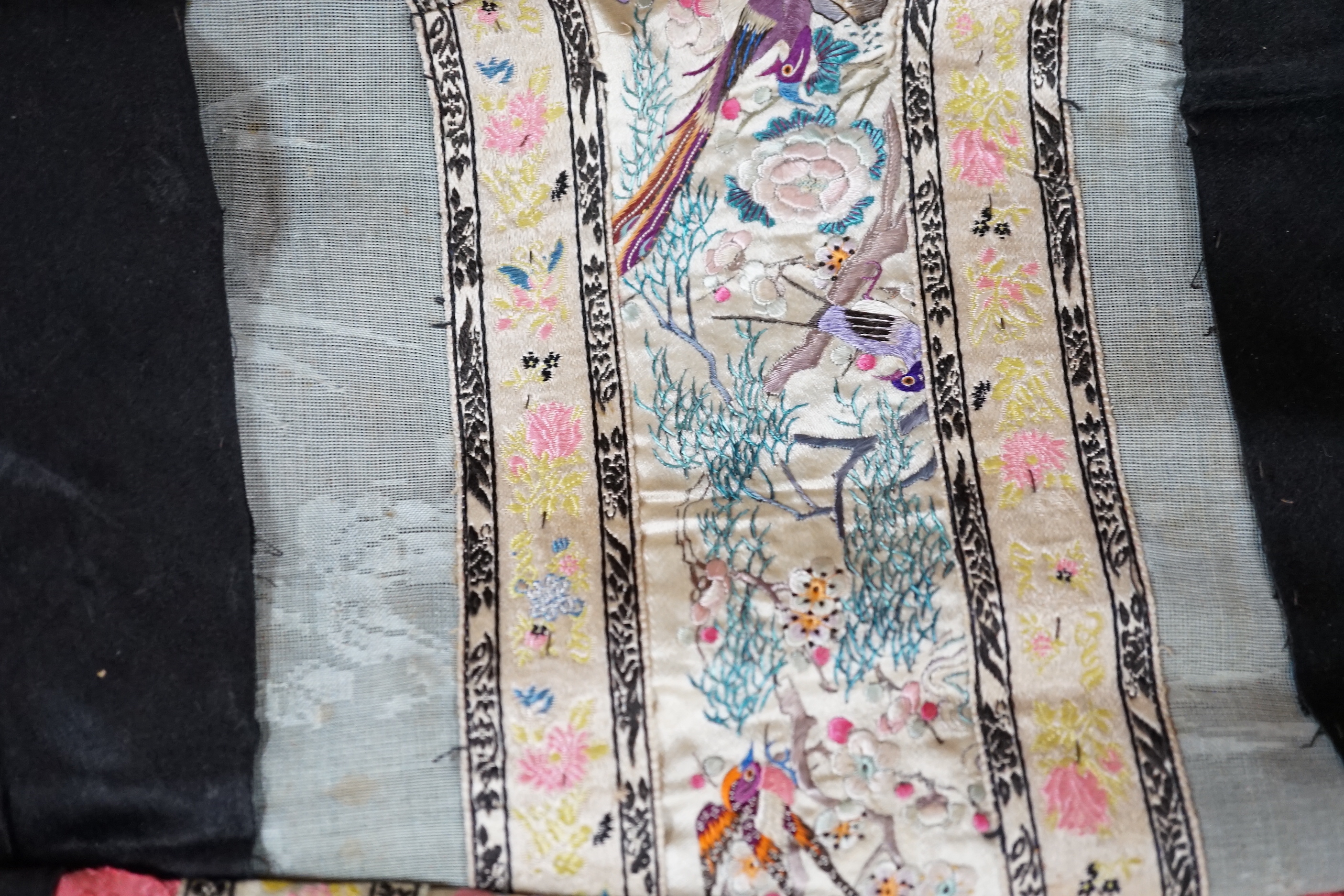 Two mid 20th century Chinese embroidered Rank Badges, a large gold thread dragon embroidered collar, three Chinese embroidered panels and a Japanese 1930’s Shantung silk dragon embroidered Kimono dressing gown